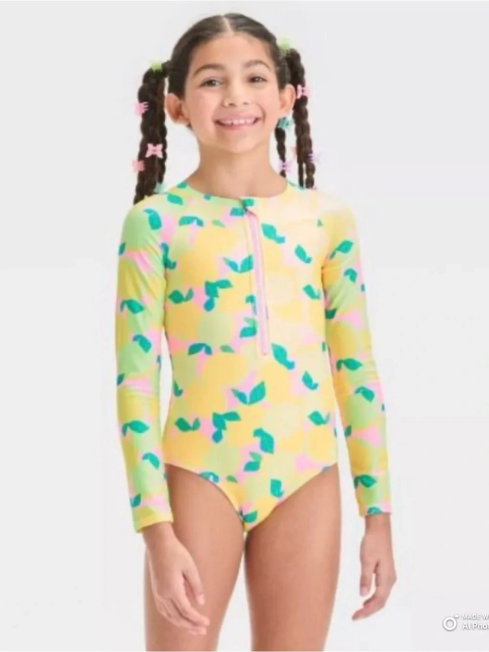 Cat & Jack Girls Medium Lemon Lime Print Long Sleeve One-Piece Swimsuit FLAWS